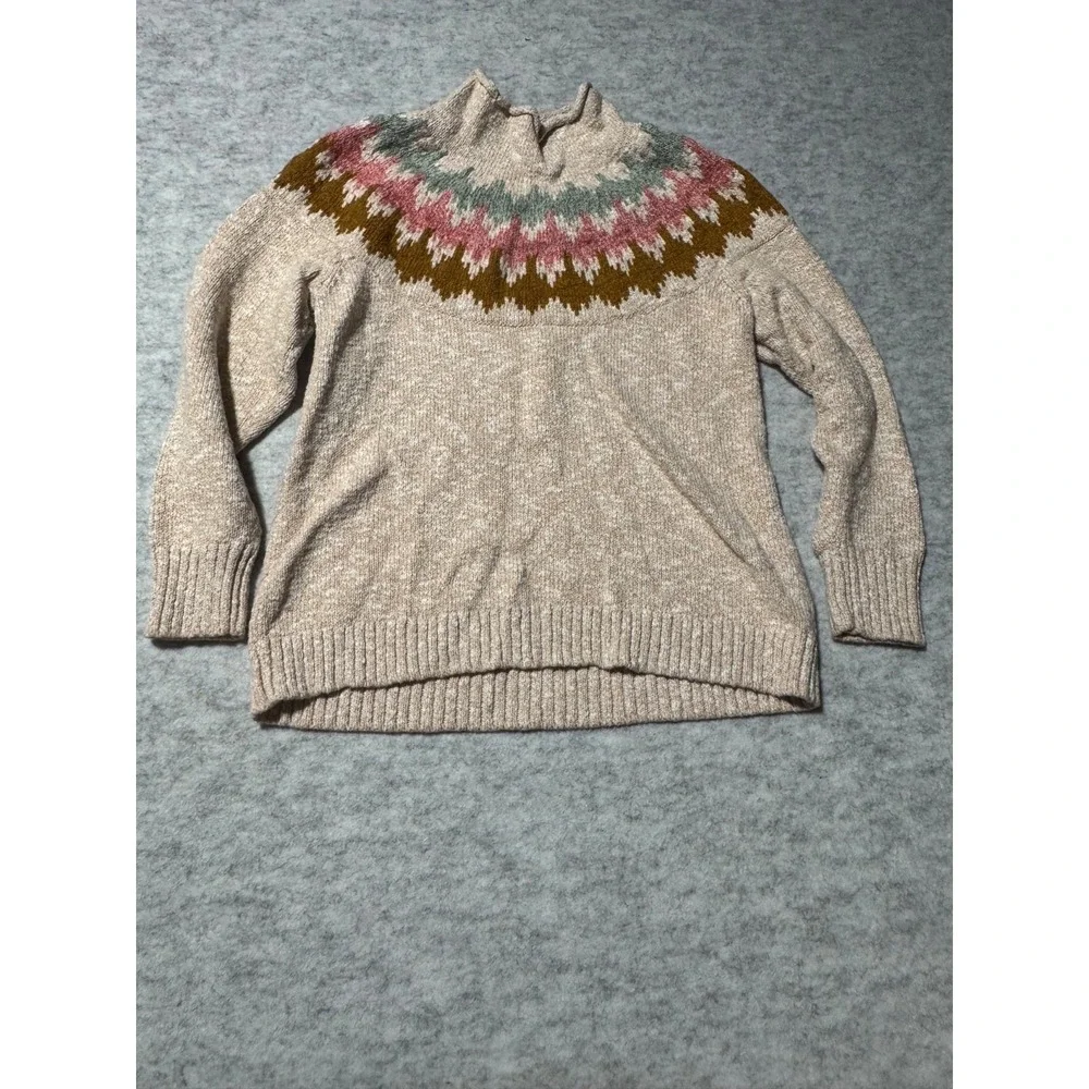 L.L.Bean Women's Fair Isle Sweater Cream Nordic Knit Pullover Size XL ;